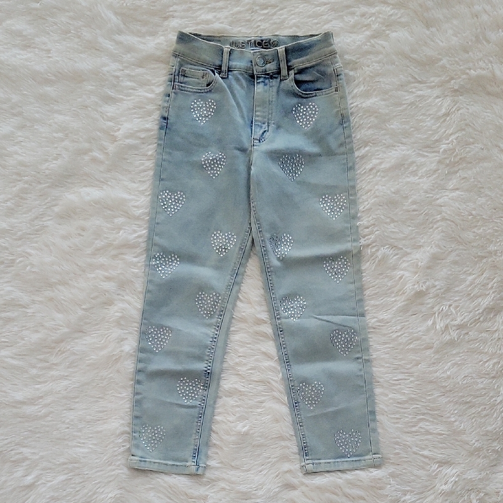 Justice Rhinestone Heart Mini Mom Jeans Light Wash Girls Size 12 Slim